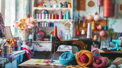 an image of a bohemian-inspired craft room with a colorful yarn stash and vintage sewing machine