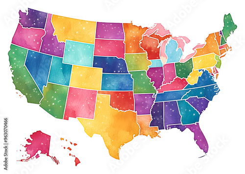 Colorful watercolor map of the United States with vibrant states isolated on transparent background