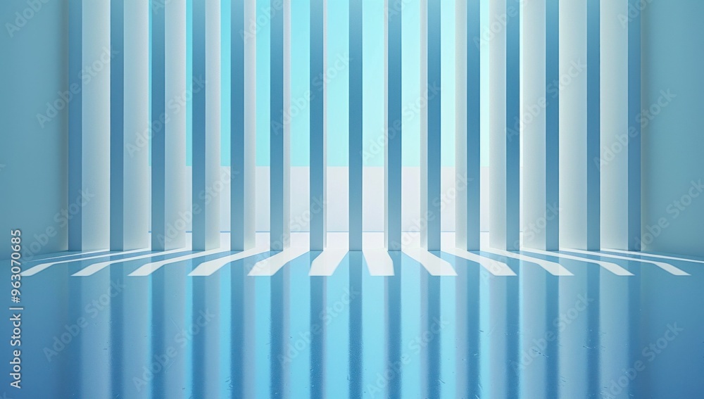 Fototapeta premium Abstract interior with vertical white lines and blue glossy floor, soft light filtering through