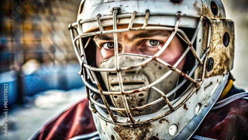 Close-up of a worn, weathered hockey goalie mask with scratches, cracks, and faded paint, revealing a mysterious, battle-hardened protector of the net. photo