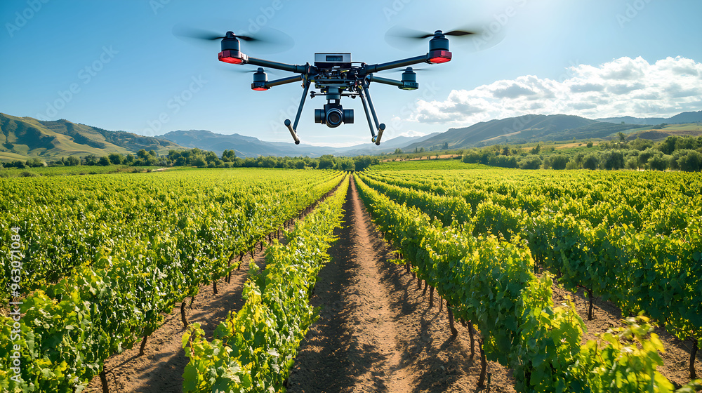 Aerial view of a drone surveying a lush vineyard during daytime, surrounded by rolling hills and clear blue skies Aerial view of a drone surveying a lush vineyard during daytime, surrounded by rolling hills and clear blue skies