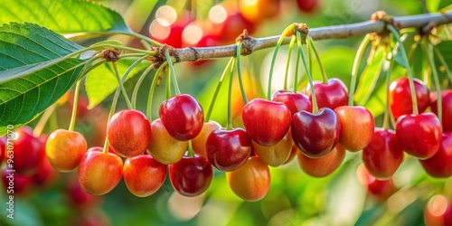 A succulent cluster of bladder cherry fruits hangs from a branch, their tender flesh trembling with every breeze. photo