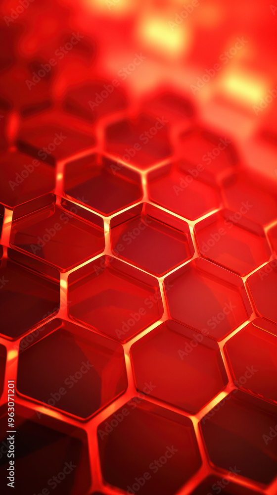 Red hexagon background. Close-up a surface made up of hexagonal shapes, honeycomb pattern. Illuminated outlines. Depth and three-dimensional. Geometric, futuristic and modern design.