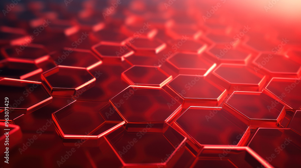 Red hexagon background. Close-up a surface made up of hexagonal shapes, honeycomb pattern. Illuminated outlines. Depth and three-dimensional. Geometric, futuristic and modern design. Red hexagon background. Close-up a surface made up of hexagonal shapes, honeycomb pattern. Illuminated outlines. Depth and three-dimensional. Geometric, futuristic and modern design.