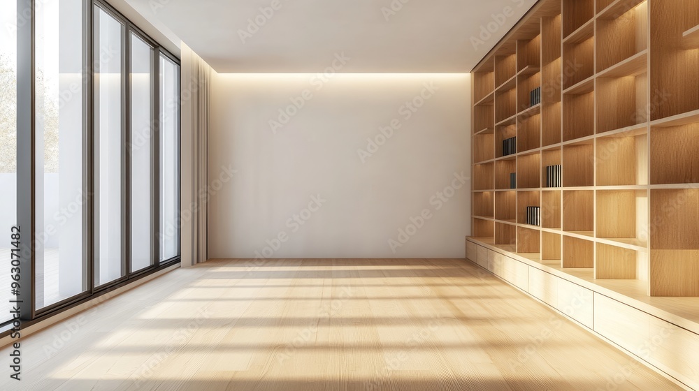Minimalist Interior Design with Wooden Bookshelves and Large Window Minimalist Interior Design with Wooden Bookshelves and Large Window