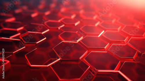 Red hexagon background. Close-up a surface made up of hexagonal shapes, honeycomb pattern. Illuminated outlines. Depth and three-dimensional. Geometric, futuristic and modern design.