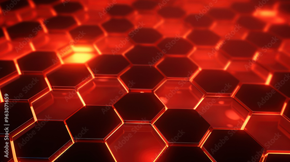 Red hexagon background. Close-up a surface made up of hexagonal shapes, honeycomb pattern. Illuminated outlines. Depth and three-dimensional. Geometric, futuristic and modern design. Red hexagon background. Close-up a surface made up of hexagonal shapes, honeycomb pattern. Illuminated outlines. Depth and three-dimensional. Geometric, futuristic and modern design.