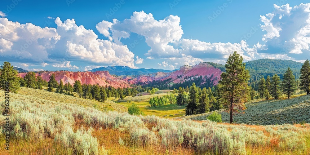 Fototapeta premium Vibrant Dreamscape: Colorful Abstract Landscape with Pink Mountains, Blue Sky, and Lush Meadows. AI-Generated 4K Wallpaper for Travel Marketing, Vacation Promotions, and Seasonal Campaigns. Artistic F