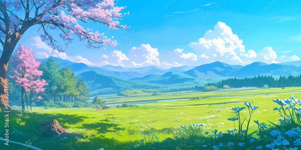 Enchanting Anime-Inspired Dreamscape: Vibrant Graduation Landscape with Pink Mountains, Blue Sky, and Lush Meadows. AI-Generated 4K Wallpaper for Educational Marketing, Travel Promotions, and Seasonal Enchanting Anime-Inspired Dreamscape: Vibrant Graduation Landscape with Pink Mountains, Blue Sky, and Lush Meadows. AI-Generated 4K Wallpaper for Educational Marketing, Travel Promotions, and Seasonal