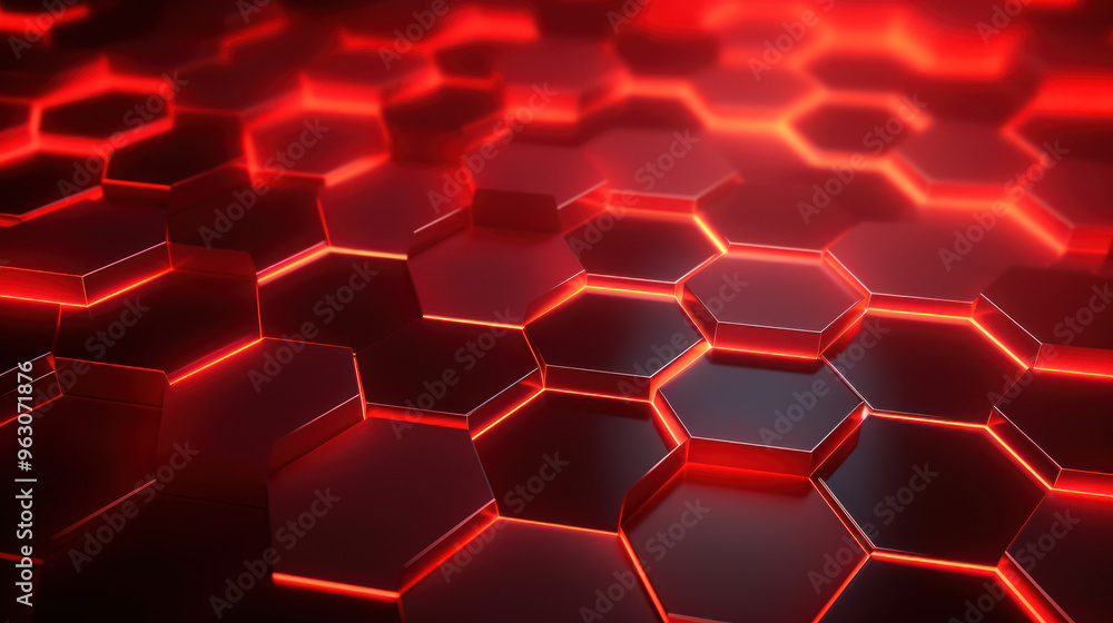 Red hexagon background. Close-up a surface made up of hexagonal shapes, honeycomb pattern. Illuminated outlines. Depth and three-dimensional. Geometric, futuristic and modern design. Red hexagon background. Close-up a surface made up of hexagonal shapes, honeycomb pattern. Illuminated outlines. Depth and three-dimensional. Geometric, futuristic and modern design.