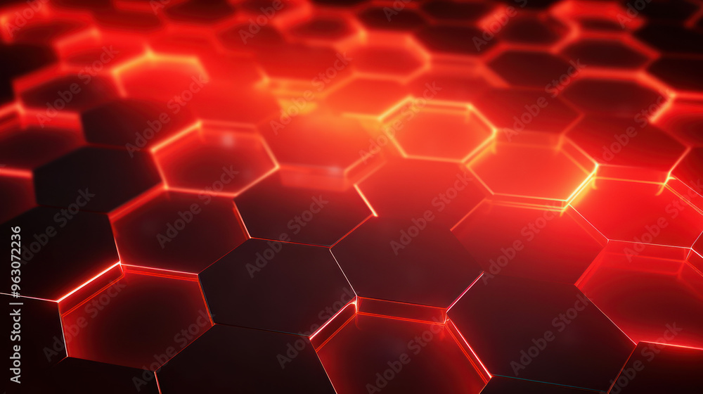 Red hexagon background. Close-up a surface made up of hexagonal shapes, honeycomb pattern. Illuminated outlines. Depth and three-dimensional. Geometric, futuristic and modern design. Red hexagon background. Close-up a surface made up of hexagonal shapes, honeycomb pattern. Illuminated outlines. Depth and three-dimensional. Geometric, futuristic and modern design.