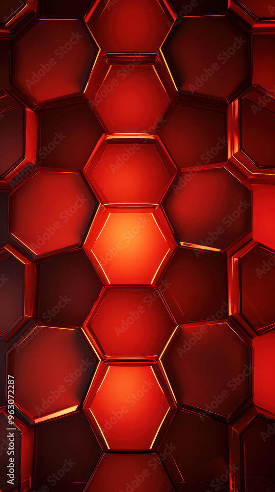 Red hexagon background. Close-up a surface made up of hexagonal shapes, honeycomb pattern. Illuminated outlines. Depth and three-dimensional. Geometric, futuristic and modern design. Red hexagon background. Close-up a surface made up of hexagonal shapes, honeycomb pattern. Illuminated outlines. Depth and three-dimensional. Geometric, futuristic and modern design.