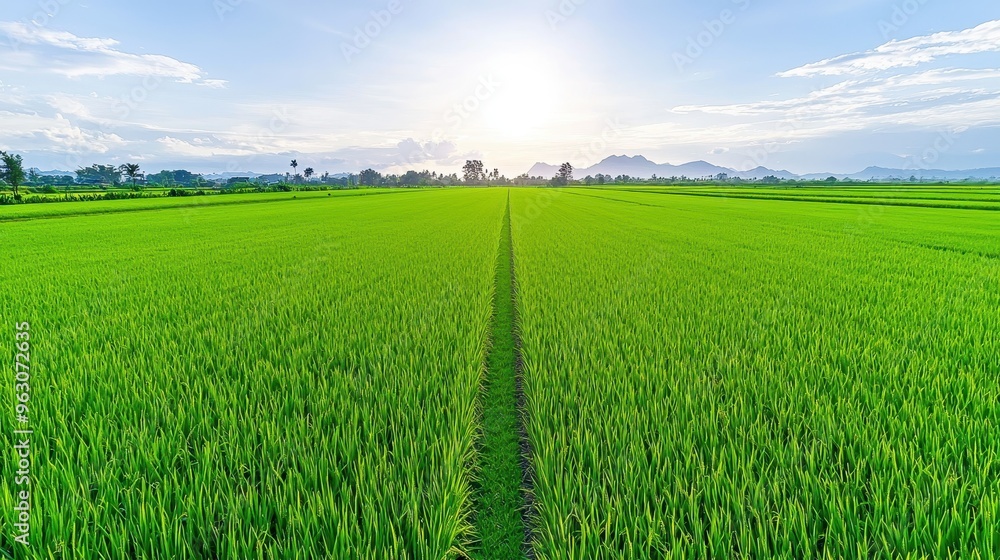 Aerial View of Tranquil Rice Field Bathed in Sunshine - Drone Photography Aerial View of Tranquil Rice Field Bathed in Sunshine - Drone Photography