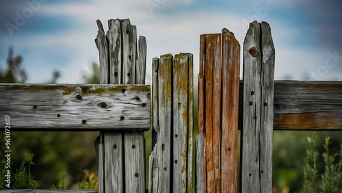 Close up of a weathered stained wooden fence