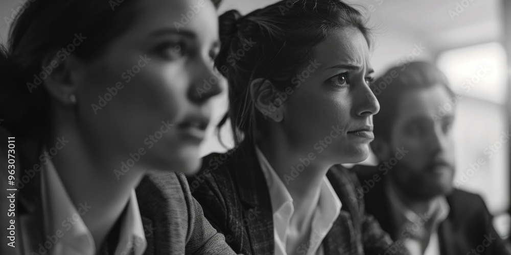 Three people are sitting in a room, one of them is looking at the camera Three people are sitting in a room, one of them is looking at the camera