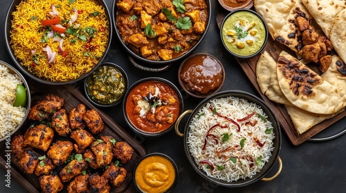 A spread of delicious Indian dishes perfect for a Ramadan feast.  You'll find favorites like biryani, chicken curry, samosas, and more.