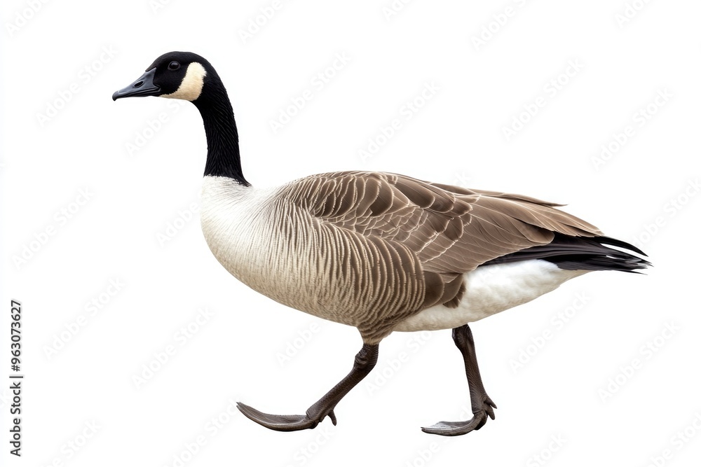 A large goose is walking across a white background A large goose is walking across a white background