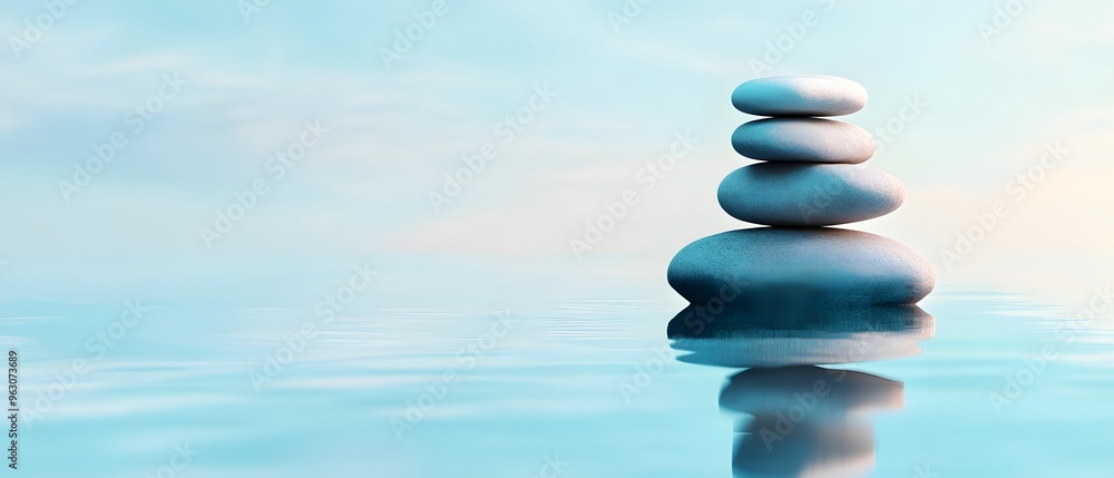 Zen Stones Balanced on Water Surface with Blue Sky Background Zen Stones Balanced on Water Surface with Blue Sky Background