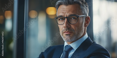 A man in a suit and glasses is looking at the camera