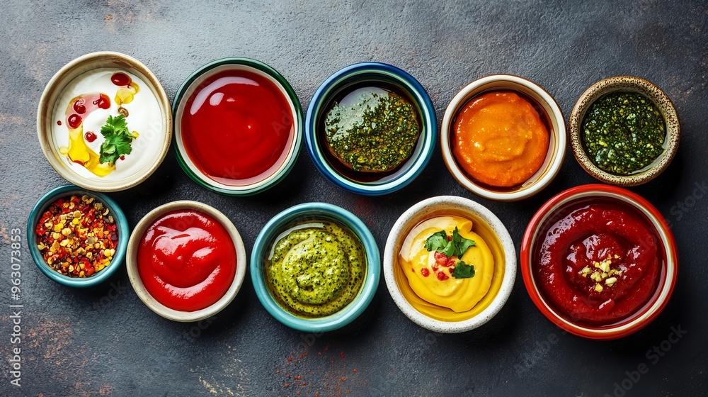 A variety of dipping sauces are arranged in bowls, showcasing their different colors and textures. They include pesto, ketchup, BBQ sauce, mustard, marinara sauce, A variety of dipping sauces are arranged in bowls, showcasing their different colors and textures. They include pesto, ketchup, BBQ sauce, mustard, marinara sauce,