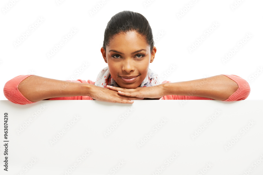 Studio background, woman and portrait with poster mockup for marketing, advertising and announcement for product placement. Smile, female ambassador or blank billboard by space, promotion or branding Studio background, woman and portrait with poster mockup for marketing, advertising and announcement for product placement. Smile, female ambassador or blank billboard by space, promotion or branding