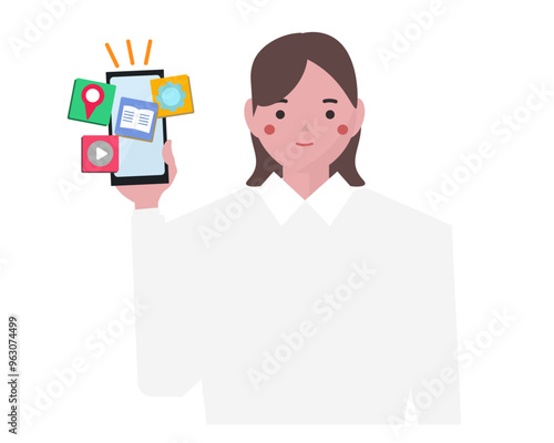 アプリをダウンロードするビジネスウーマン。アプリの開発。スマートフォンのアプリを使用する女性。ベクターイラスト