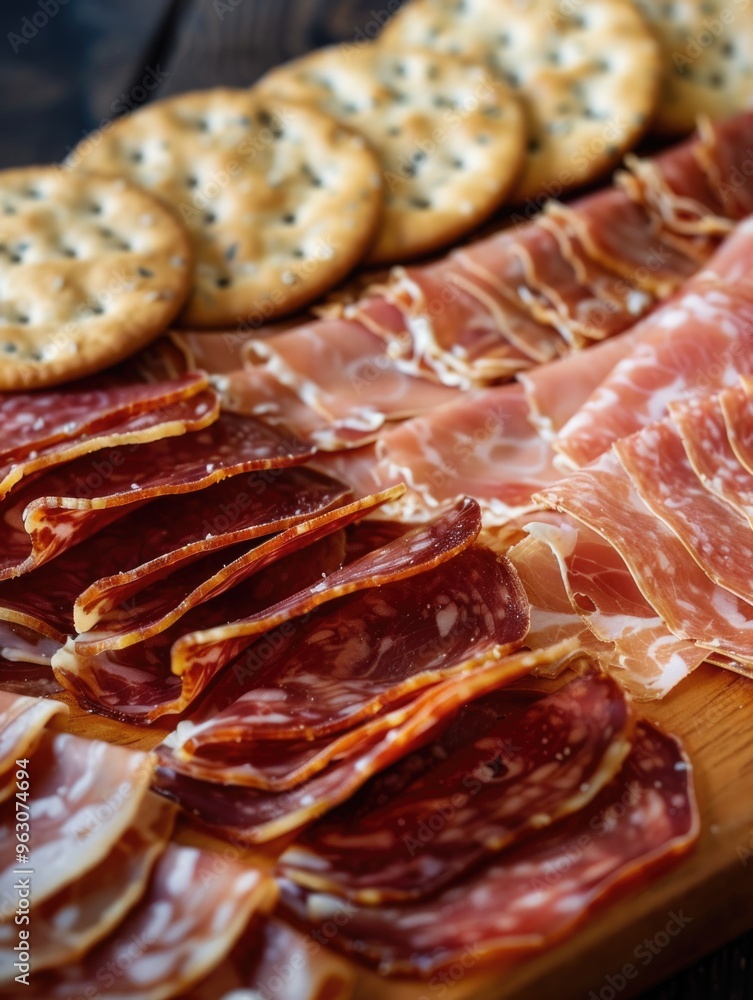 Obraz premium A variety of meats and crackers are laid out on a wooden cutting board