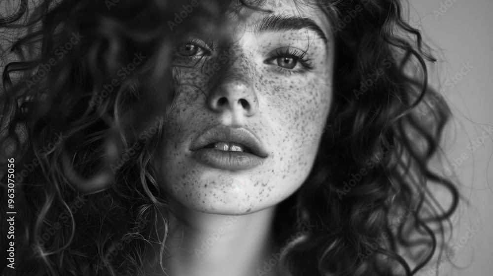 A woman with curly hair and a freckled face A woman with curly hair and a freckled face