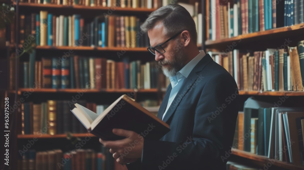 Man Reading a Book in a Library - Knowledge and Literature Man Reading a Book in a Library - Knowledge and Literature