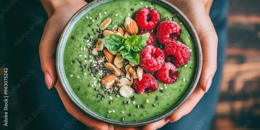 A person is holding a bowl of green smoothie with raspberries and nuts A person is holding a bowl of green smoothie with raspberries and nuts