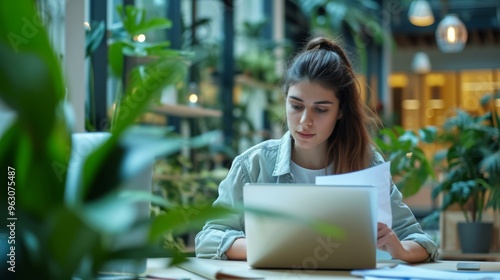 Young Woman Working on Laptop in Modern Office