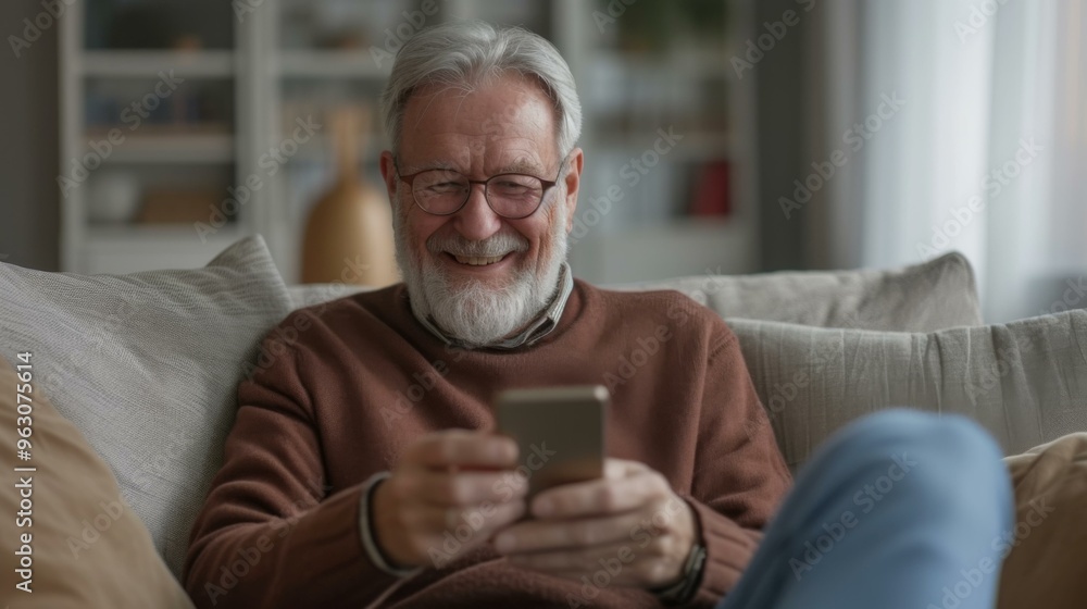 Happy Senior Man Using Smartphone on Couch Happy Senior Man Using Smartphone on Couch