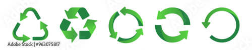 Recycle arrow icon. 
Green leaves symbol