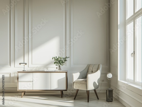 A white room with a white dresser and a white chair