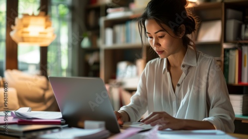 Focused Woman Working on Laptop at Home Office