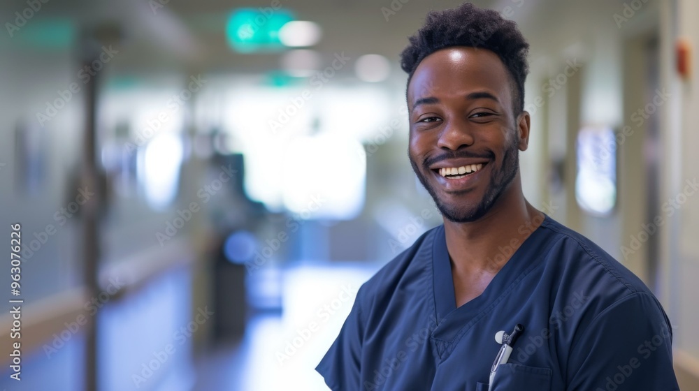 Smiling Healthcare Worker in Hospital Corridor Smiling Healthcare Worker in Hospital Corridor