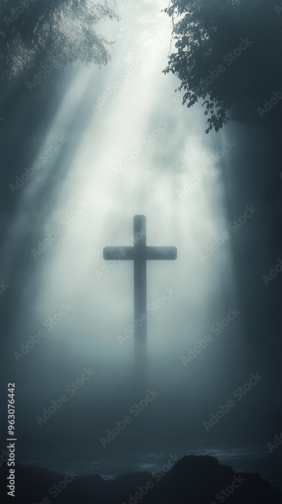 Cross in misty forest with sunbeams, spiritual Cross in misty forest with sunbeams, spiritual