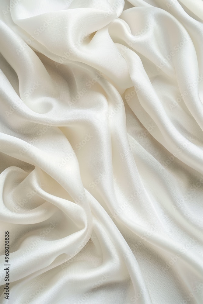 Close-up view of white fabric with intricate wavy texture folded in half revealing inner layers creating sense of depth. Simple gray background contrasts with vibrant white fabric making it stand out. Close-up view of white fabric with intricate wavy texture folded in half revealing inner layers creating sense of depth. Simple gray background contrasts with vibrant white fabric making it stand out.