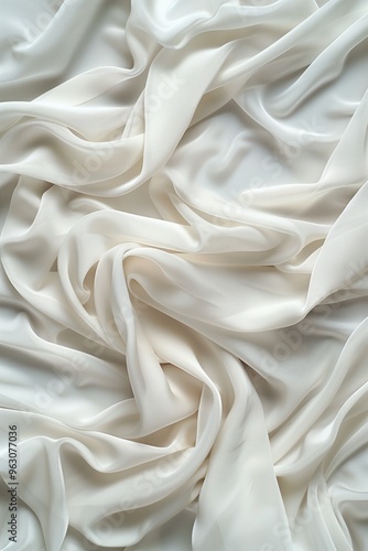 Close-up view of crumpled white fabric with intricate texture and subtle gray and brown hues. Fabric appears to be clothing or decorative item with blurred background drawing focus on subject.