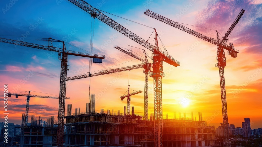 Construct. Sunset Construction Site with Cranes Building an Apartment High-rise Construct. Sunset Construction Site with Cranes Building an Apartment High-rise