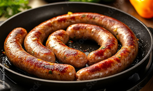 A close-up sausages sizzling in a pan, with a golden, crispy exterior, garnished with herbs and set in a warm kitchen environment