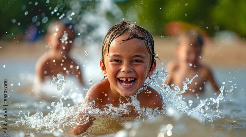 Obraz premium Joyful Child Splashing in Water on a Sunny Day