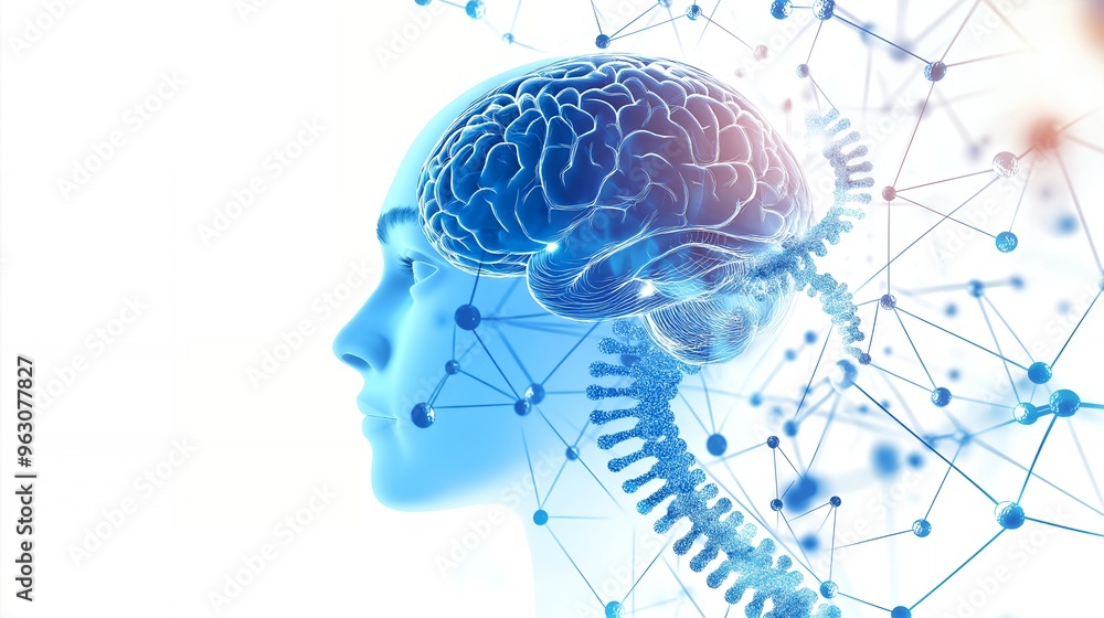 Obraz premium Human head with visible brain, connected to a network of molecules.