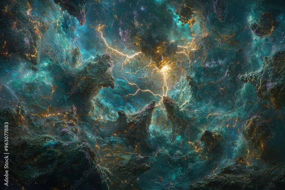 Fototapeta premium Ethereal cosmic landscape with swirling nebulae and glowing stars