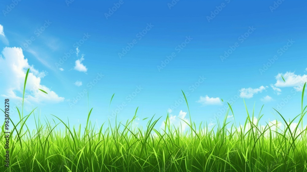 Fototapeta premium Green Grass Field Under Blue Sky - Nature Landscape Photography