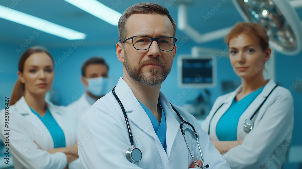 Team of colleagues doctor in medical uniform standing and looking at camera in hospital Team of colleagues doctor in medical uniform standing and looking at camera in hospital