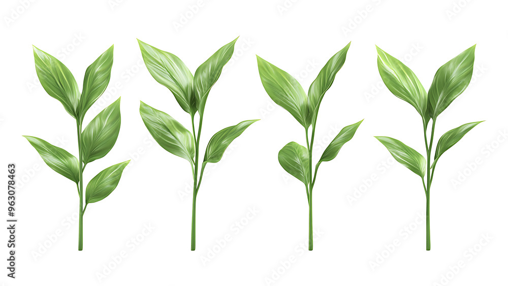 Obraz premium Four green leaf on a transparent background,Four Lily of the valley Leaf Isolated,Four Tropical Plant Leaves,leaf transparent png,Decoration work, green plants,Four green leafed plants, Ai