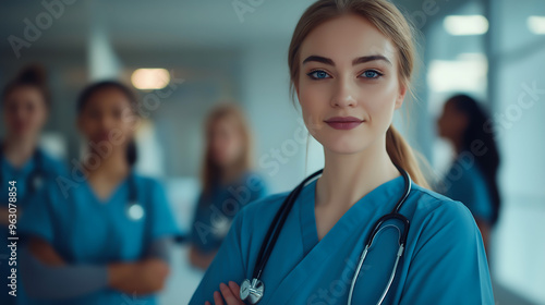 Team female colleagues doctor in medical uniform standing and looking at camera in hospital