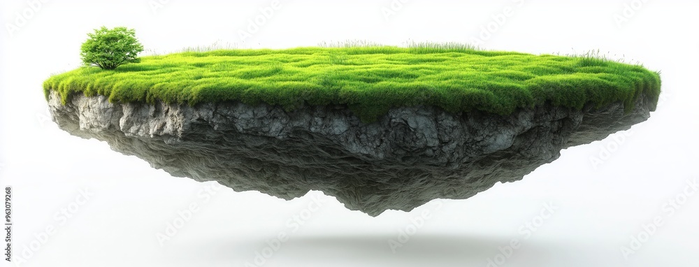 A small green island with a tree floating in mid-air against a white background.