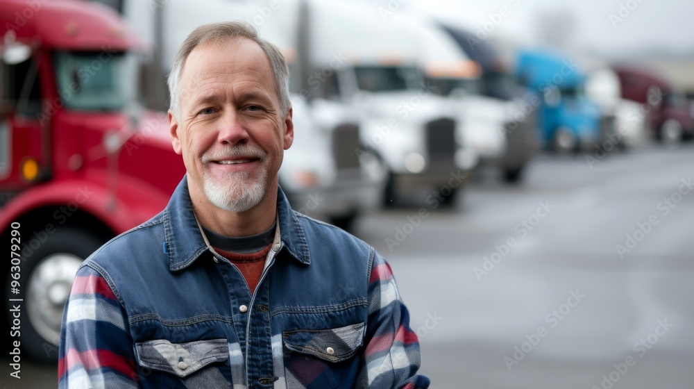 Smiling Truck Driver Standing in Front of Semi Truck Smiling Truck Driver Standing in Front of Semi Truck